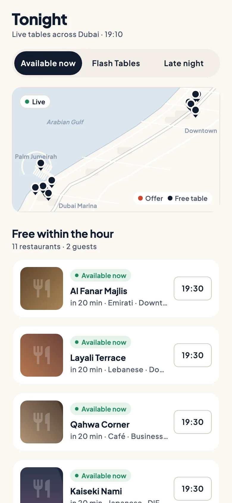 O ecrã Esta noite com restaurantes livres na próxima hora