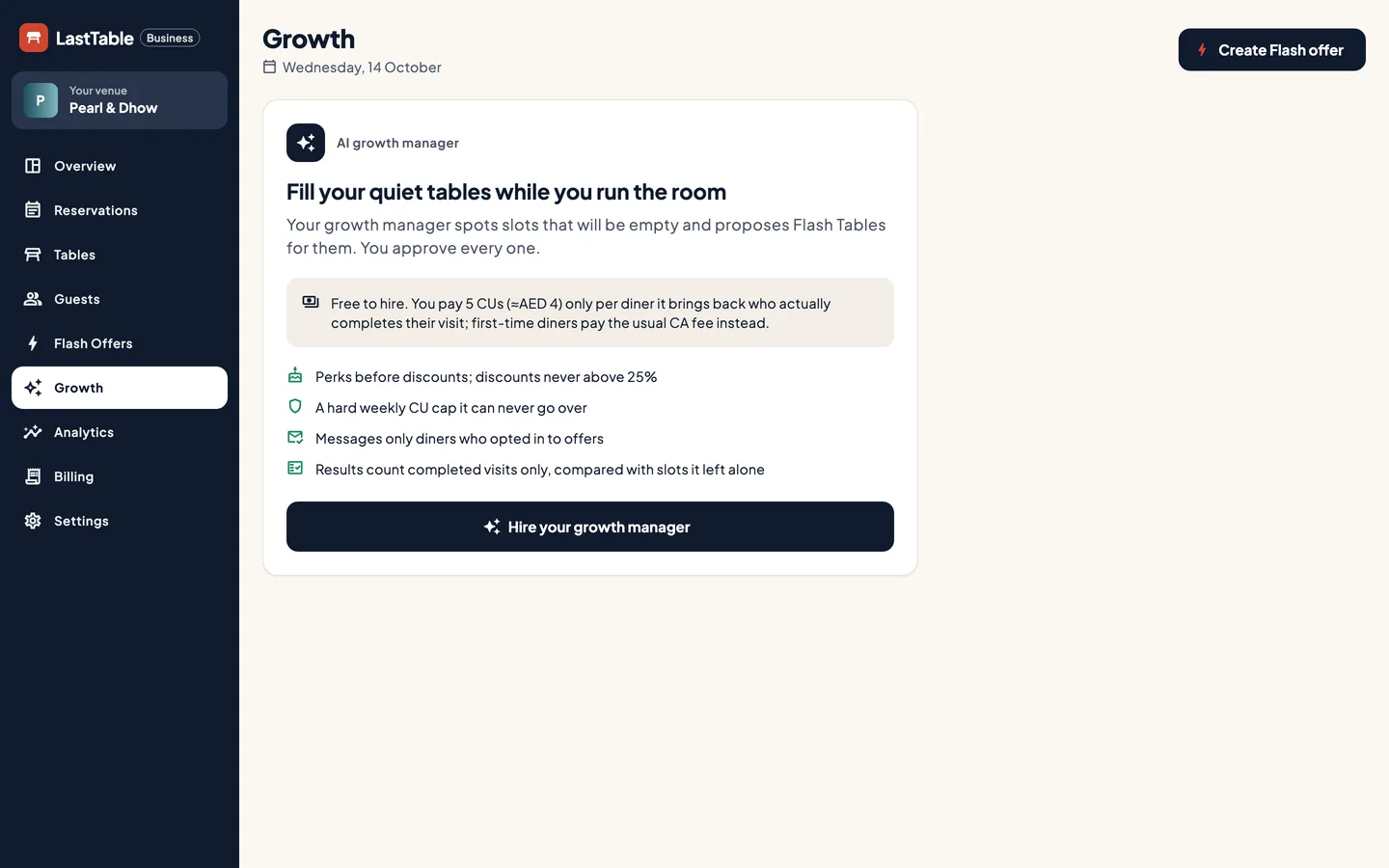 LastTable Business 中的“增长”页面：聘用你的增长经理，并显示其价格和防护规则