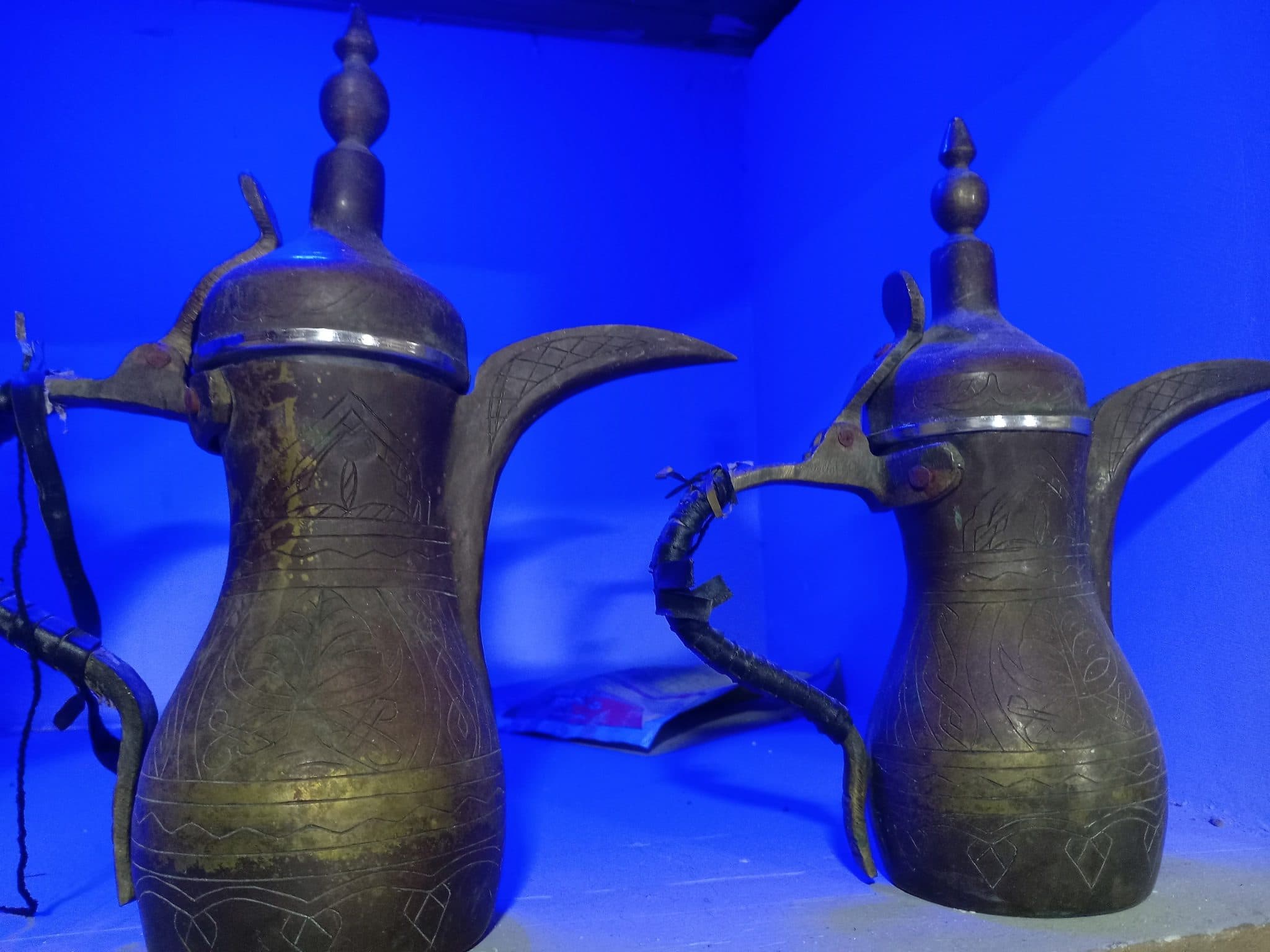 Traditional brass Arabic coffee pots (dallah)