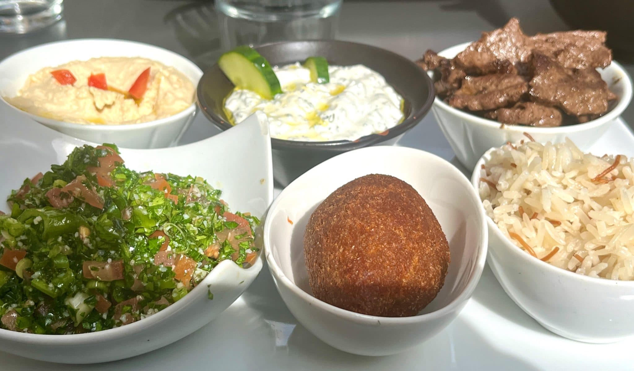 Lebanese mezze with tabbouleh, hummus, labneh and kibbeh